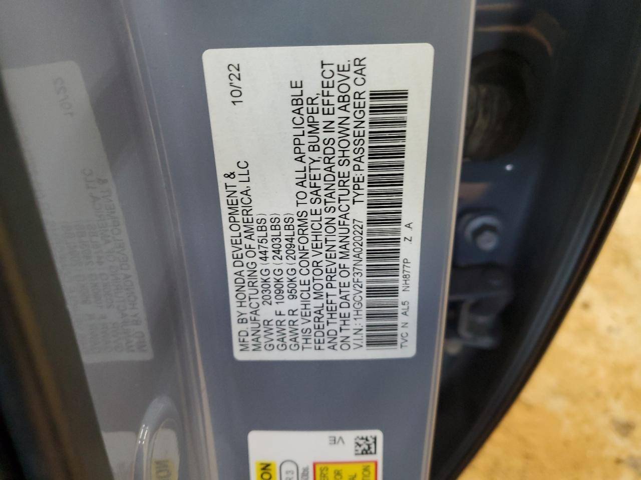 2022 HONDA ACCORD SPORT VIN:1HGCV2F37NA020227