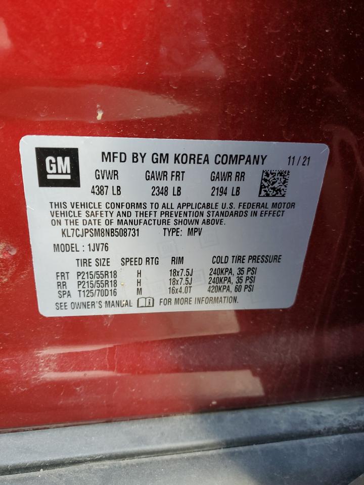 2022 CHEVROLET TRAX 1LT VIN:KL7CJPSM8NB508731