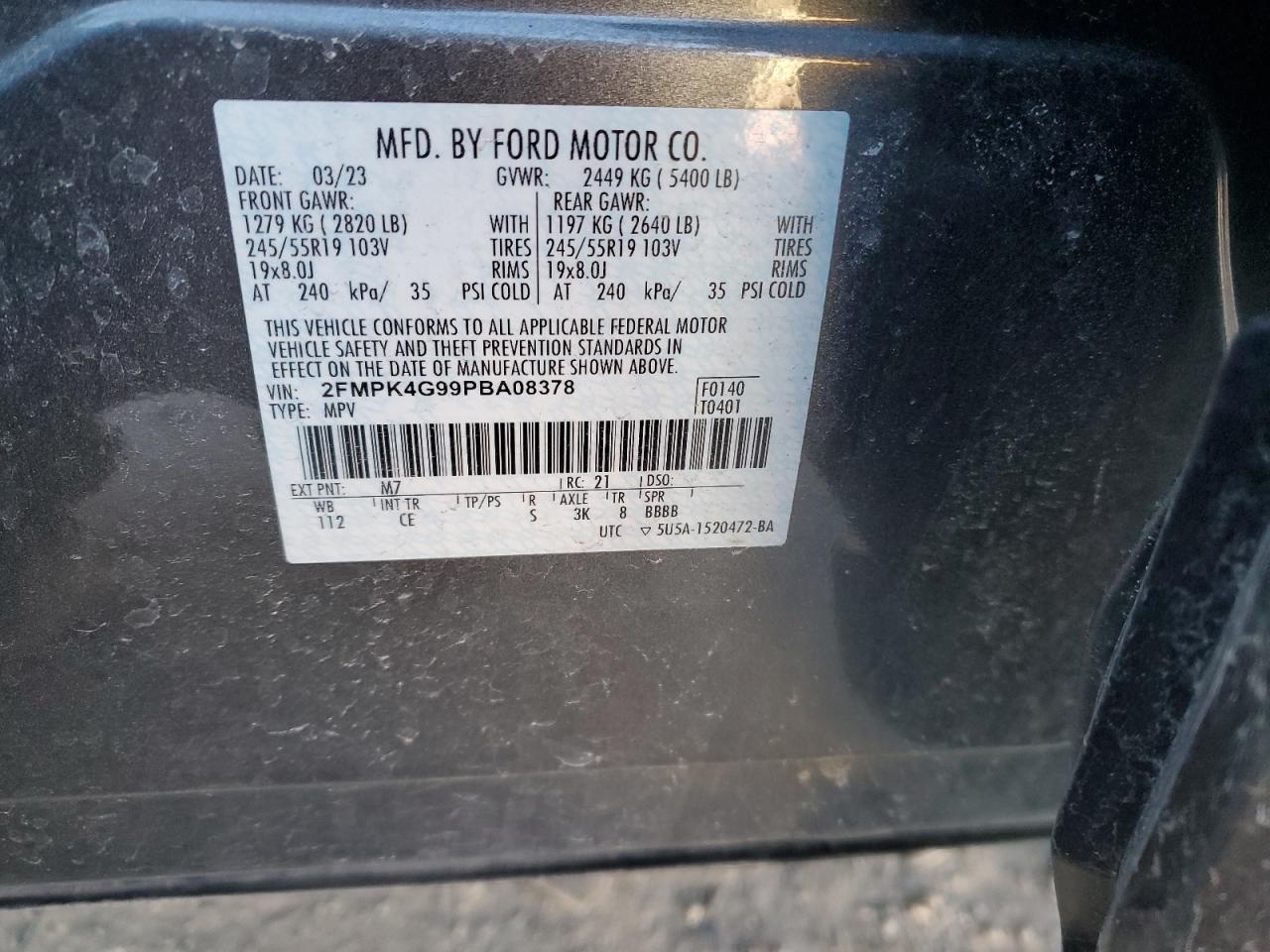 2023 FORD EDGE SE VIN:2FMPK4G99PBA08378