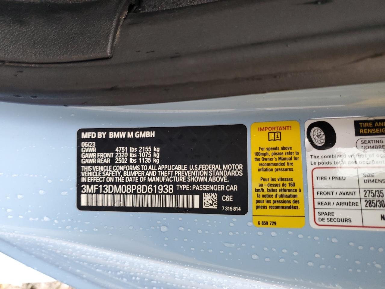 2023 BMW M2  VIN:3MF13DM08P8D61938