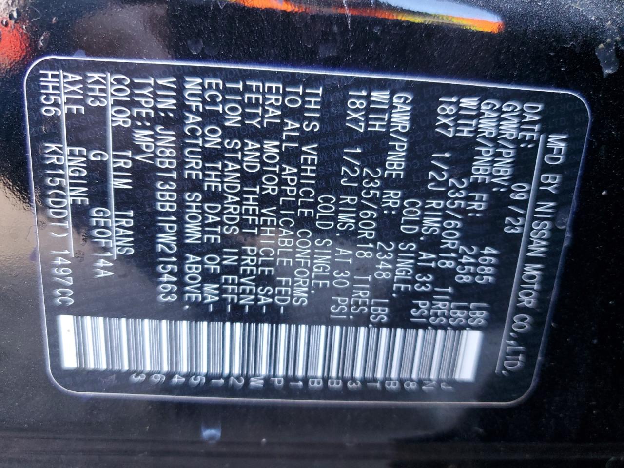 2023 NISSAN ROGUE SV VIN:JN8BT3BB1PW215463