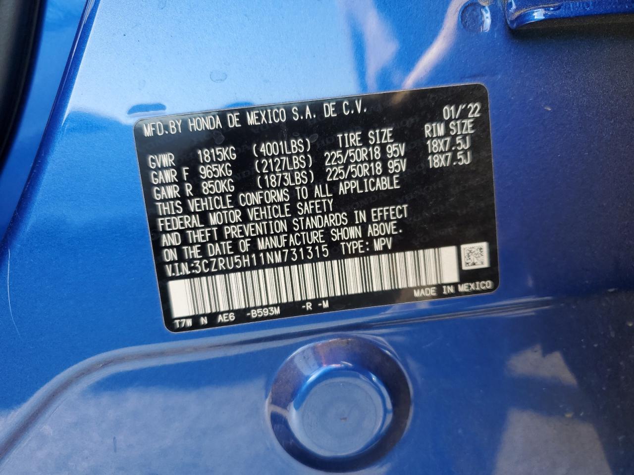 2022 HONDA HR-V SPORT VIN:3CZRU5H11NM731315