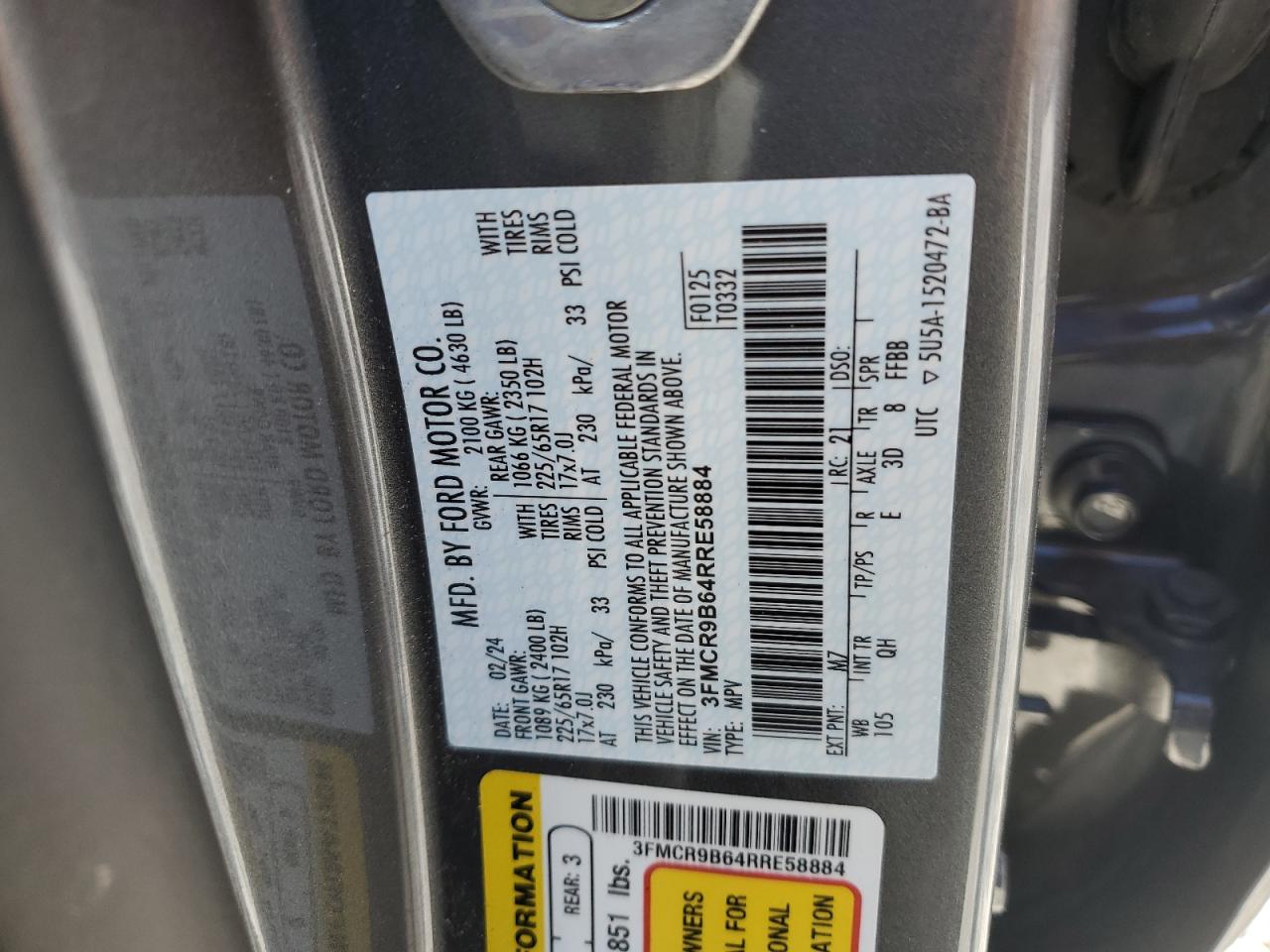2024 FORD BRONCO SPORT BIG BEND VIN:3FMCR9B64RRE58884