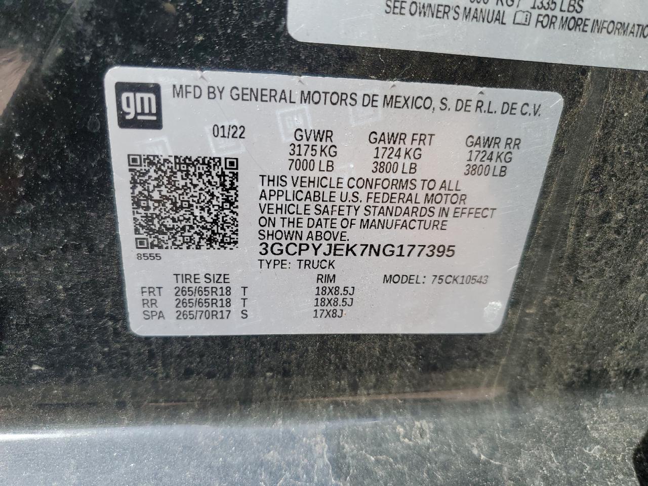 2022 CHEVROLET SILVERADO LTD K1500 LT-L VIN:3GCPYJEK7NG177395