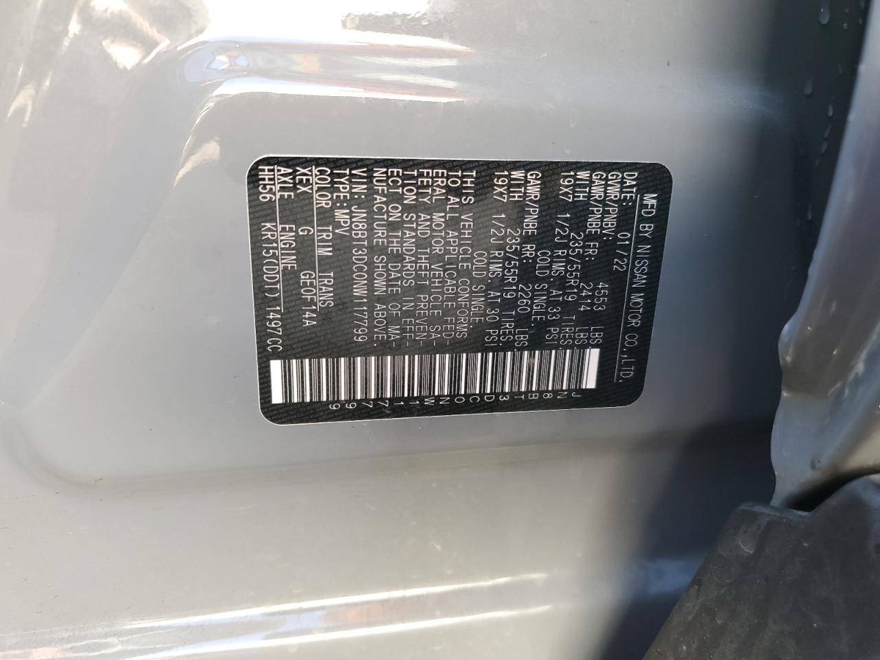 2022 NISSAN ROGUE PLATINUM VIN:JN8BT3DC0NW117799