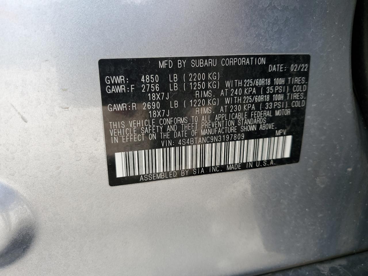 2022 SUBARU OUTBACK LIMITED VIN:4S4BTANC9N3197809