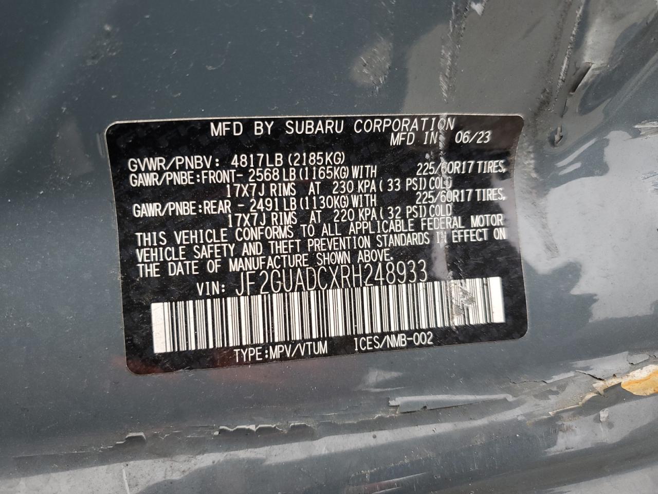 2024 SUBARU CROSSTREK PREMIUM VIN:JF2GUADCXRH248933