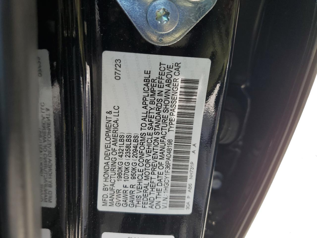 2023 HONDA ACCORD EX VIN:1HGCY1F36PA048198