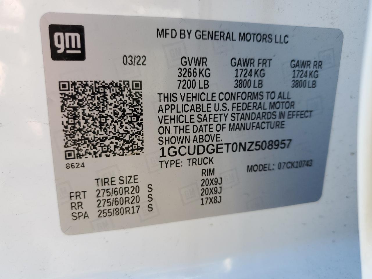 2022 CHEVROLET SILVERADO K1500 LTZ VIN:1GCUDGET0NZ508957