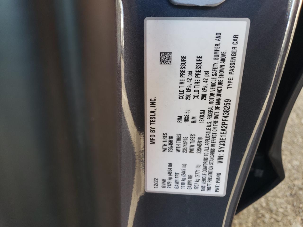 2023 TESLA MODEL 3  VIN:5YJ3E1EA2PF438259