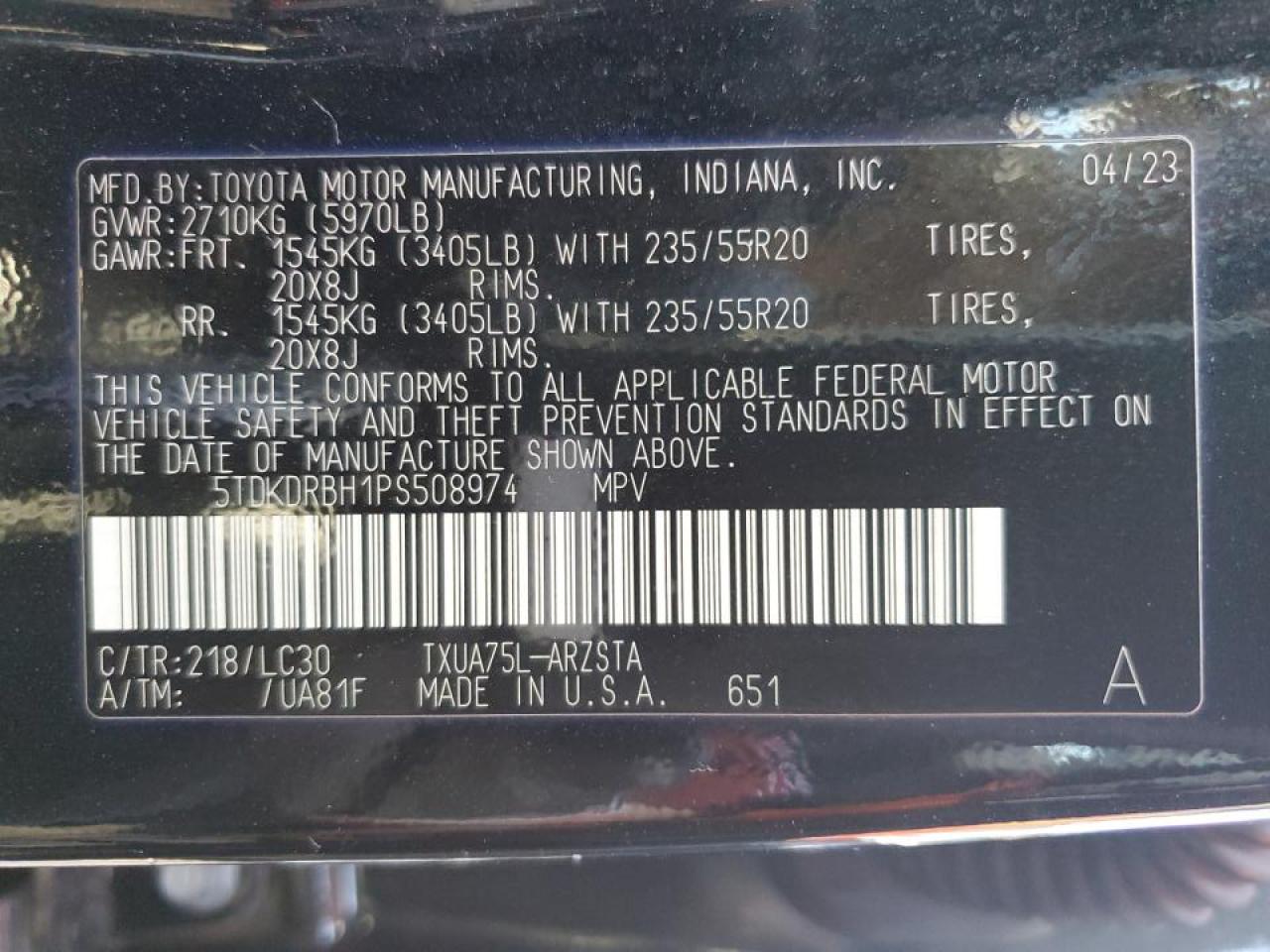 2023 TOYOTA HIGHLANDER L VIN:5TDKDRBH1PS508974