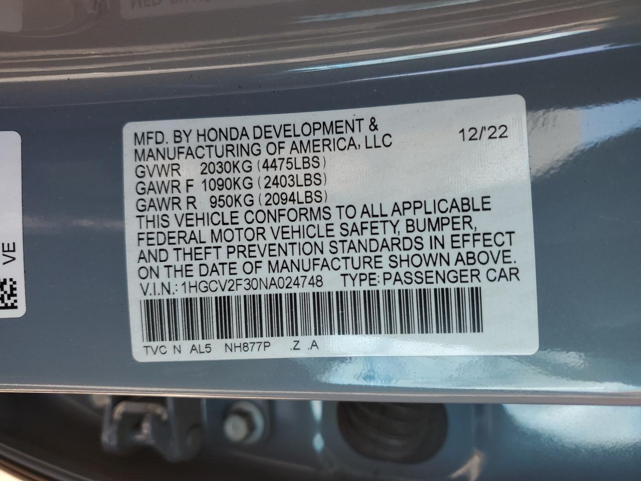 2022 HONDA ACCORD SPORT VIN:1HGCV2F30NA024748