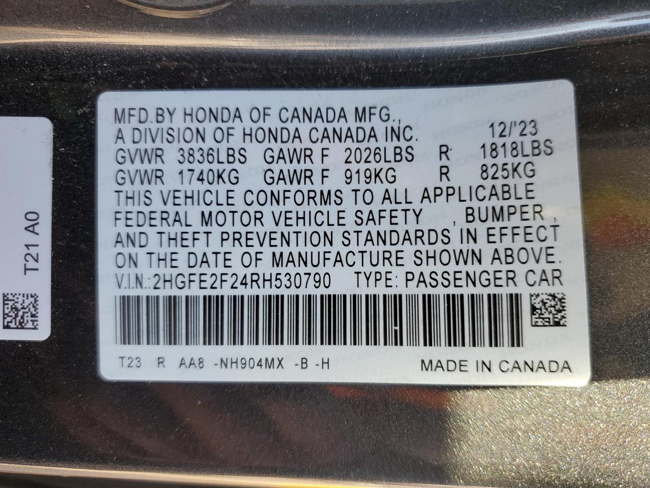 2024 HONDA CIVIC LX VIN:2HGFE2F24RH530790
