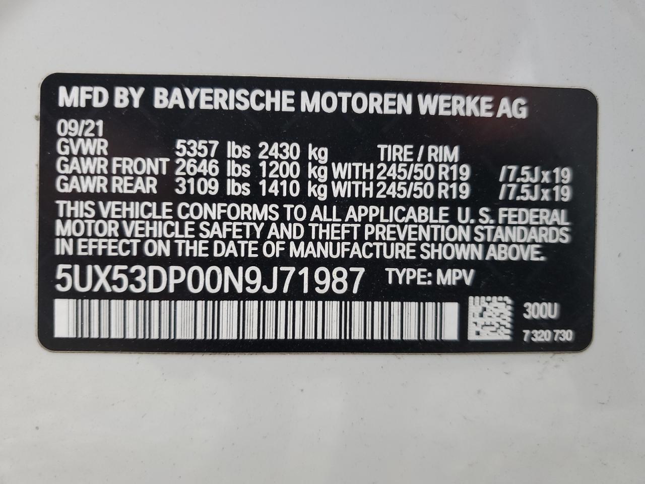 2022 BMW X3 XDRIVE30I VIN:5UX53DP00N9J71987
