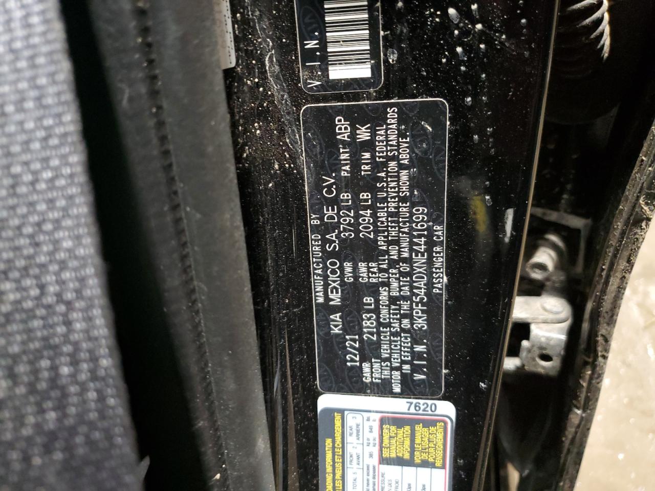 2022 KIA FORTE GT LINE VIN:3KPF54ADXNE441699