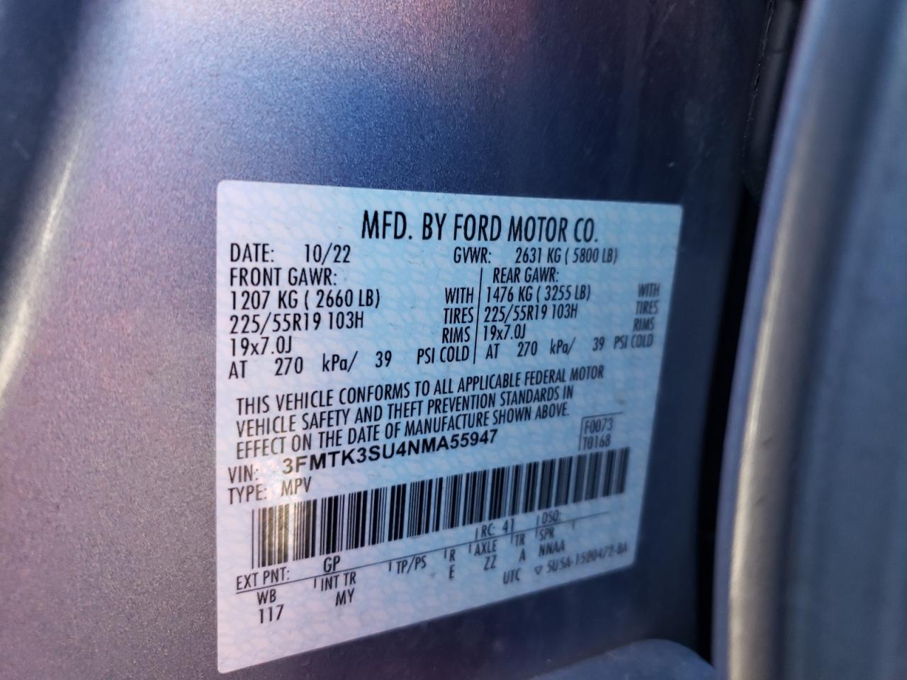 2022 FORD MUSTANG MACH-E PREMIUM VIN:3FMTK3SU4NMA55947