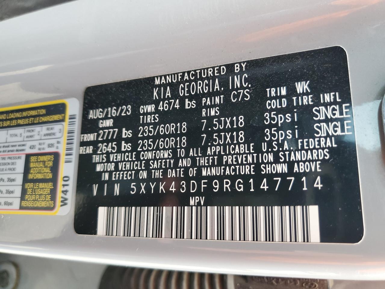 2024 KIA SPORTAGE SX VIN:5XYK43DF9RG147714