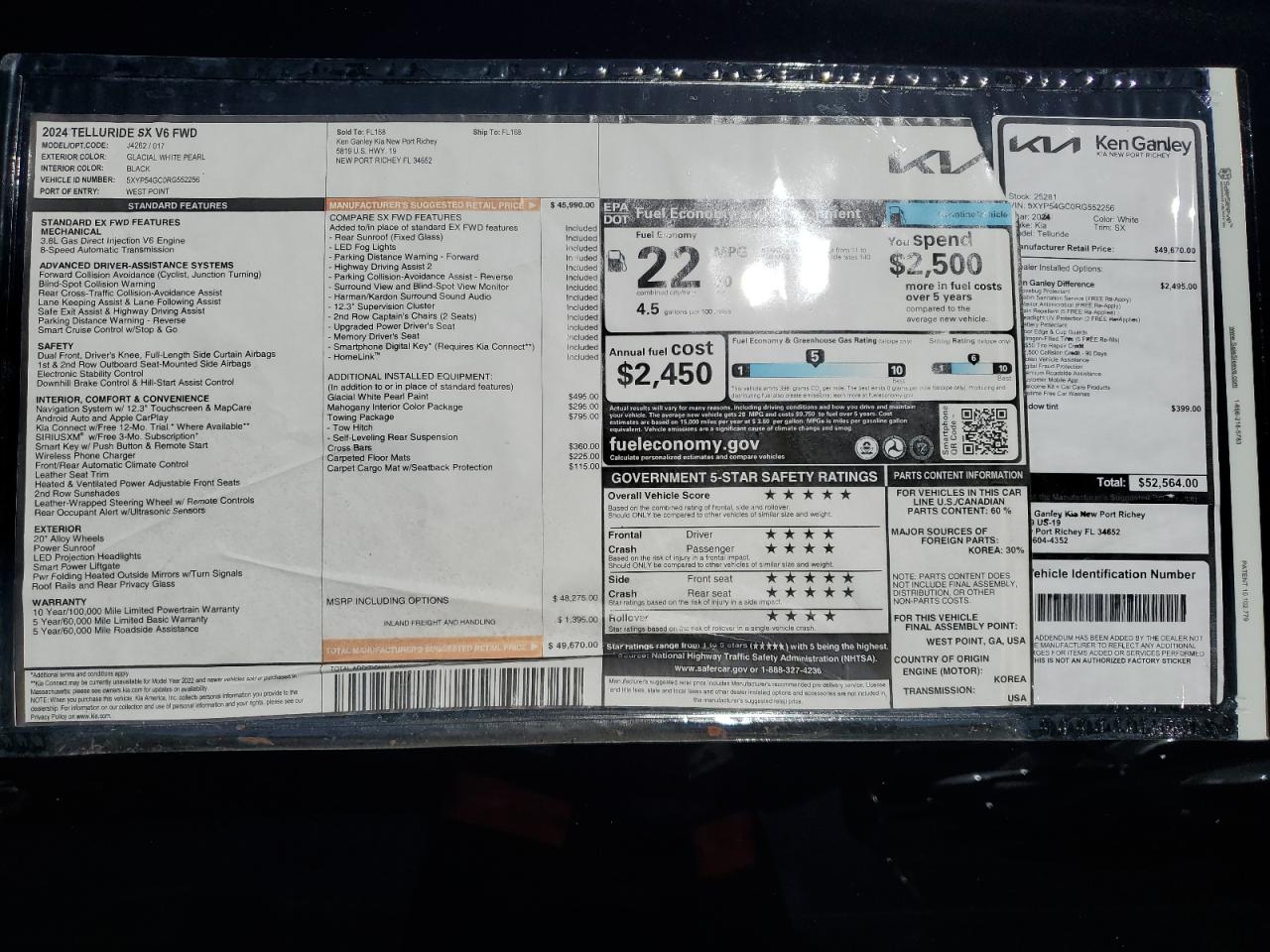 2024 KIA TELLURIDE SX VIN:5XYP54GC0RG552256