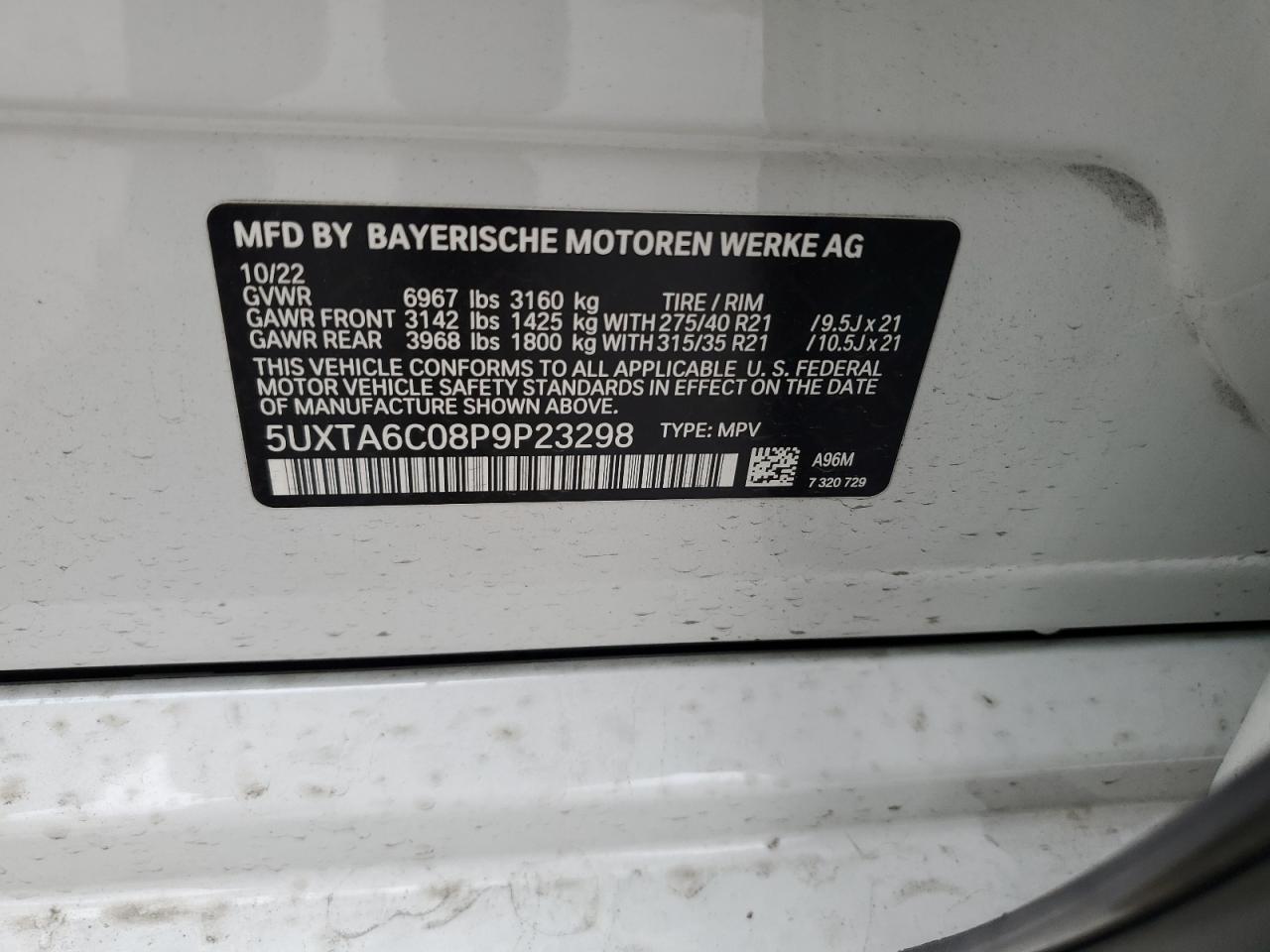 2023 BMW X5 XDRIVE45E VIN:5UXTA6C08P9P23298