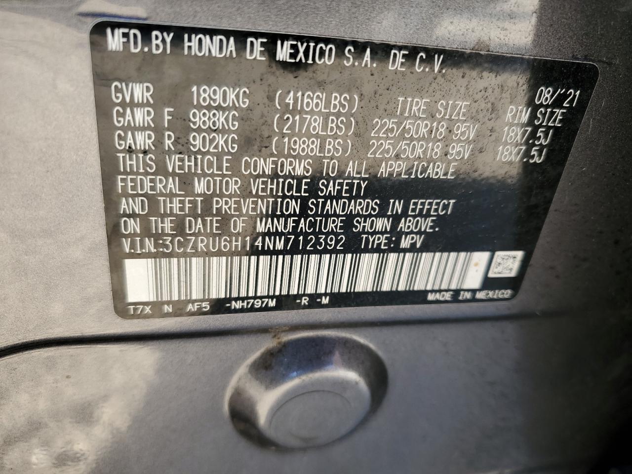 2022 HONDA HR-V SPORT VIN:3CZRU6H14NM712392