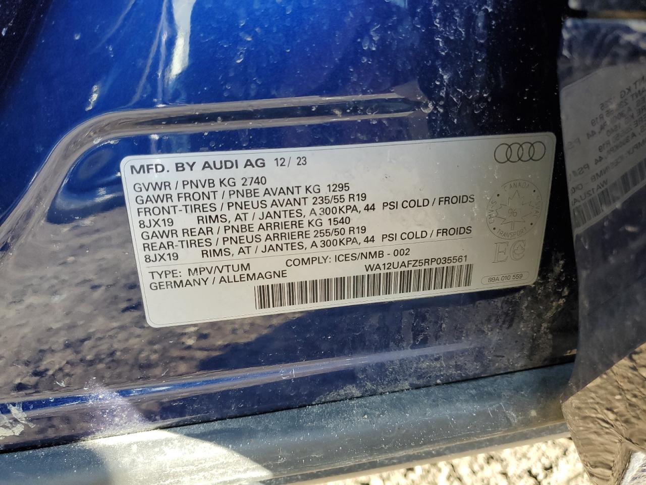 2024 AUDI Q4 E-TRON SPORTBACK VIN:WA12UAFZ5RP035561