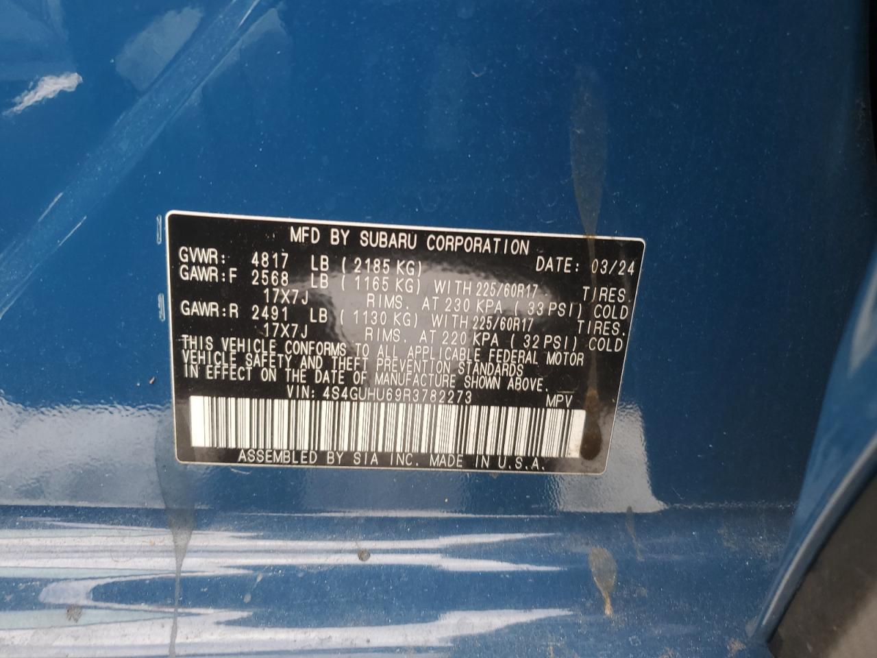 2024 SUBARU CROSSTREK WILDERNESS VIN:4S4GUHU69R3782273