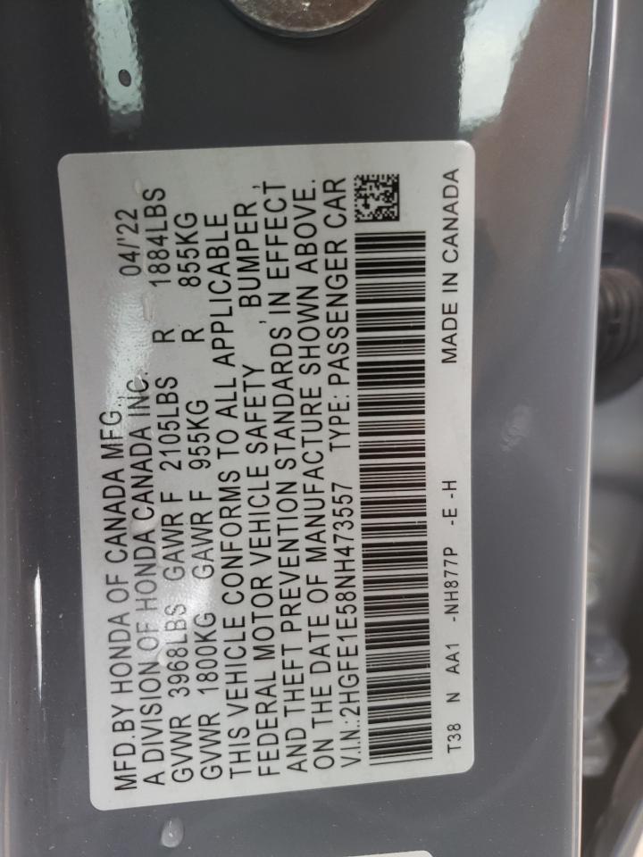 2022 HONDA CIVIC SI VIN:2HGFE1E58NH473557