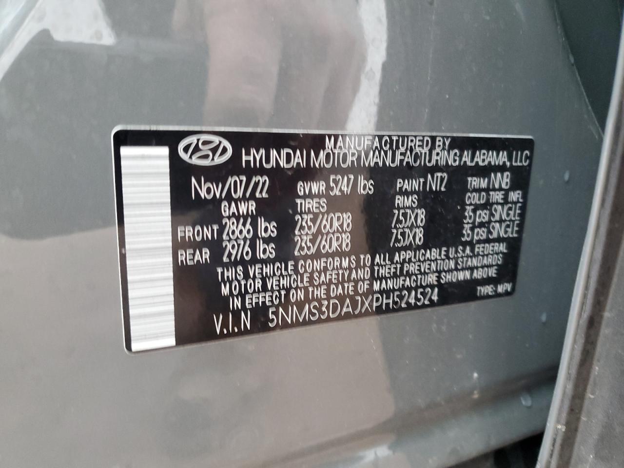 2023 HYUNDAI SANTA FE SEL PREMIUM VIN:5NMS3DAJXPH524524
