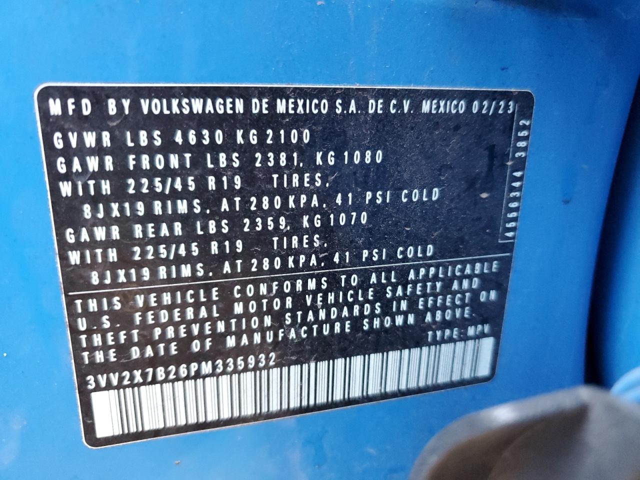 2023 VOLKSWAGEN TAOS SEL VIN:3VV2X7B26PM335932