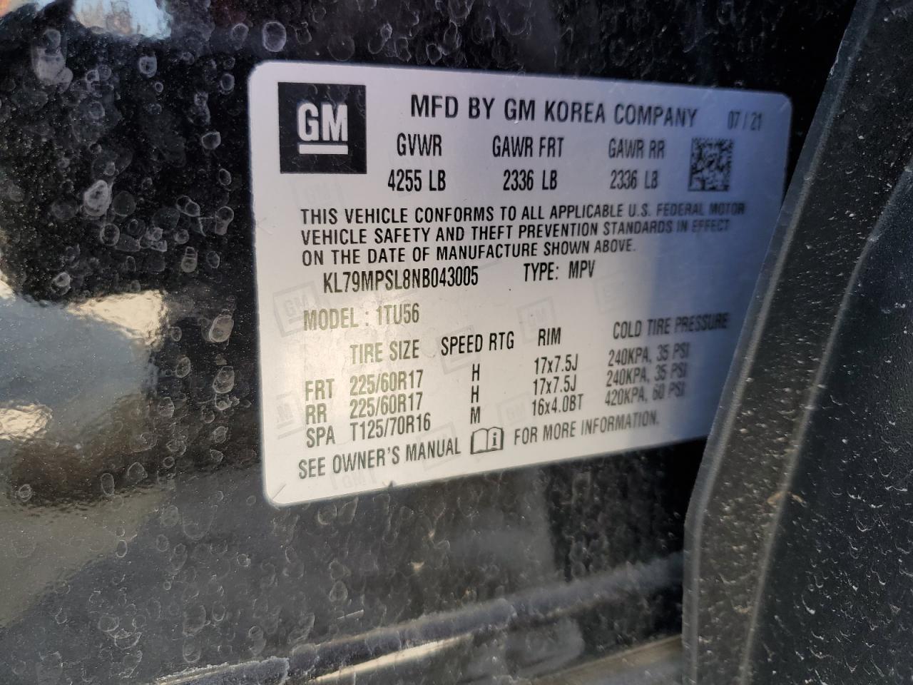 2022 CHEVROLET TRAILBLAZER LT VIN:KL79MPSL8NB043005