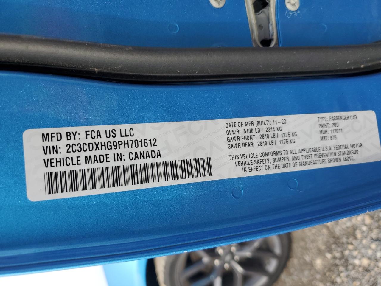 2023 DODGE CHARGER GT VIN:2C3CDXHG9PH701612