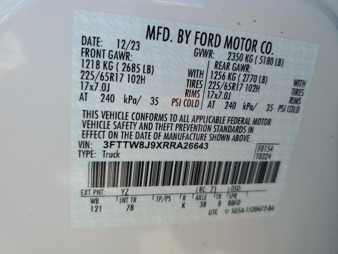 2024 FORD MAVERICK XLT VIN:3FTTW8J9XRRA26643