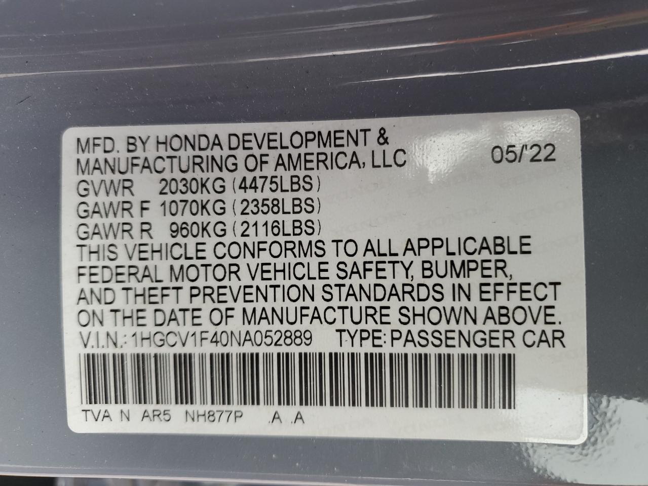 2022 HONDA ACCORD SPORT SE VIN:1HGCV1F40NA052889