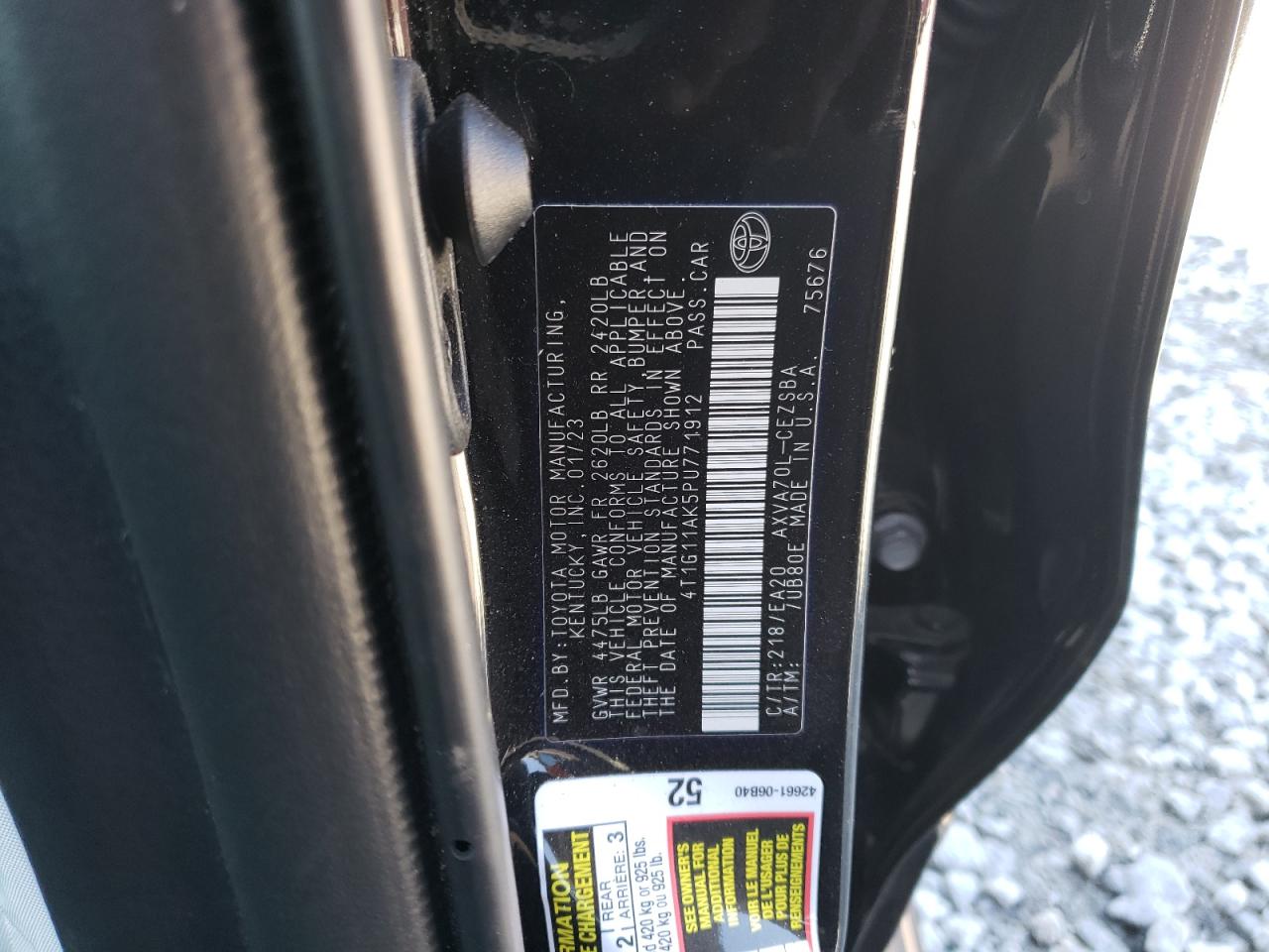 2023 TOYOTA CAMRY SE NIGHT SHADE VIN:4T1G11AK5PU771912