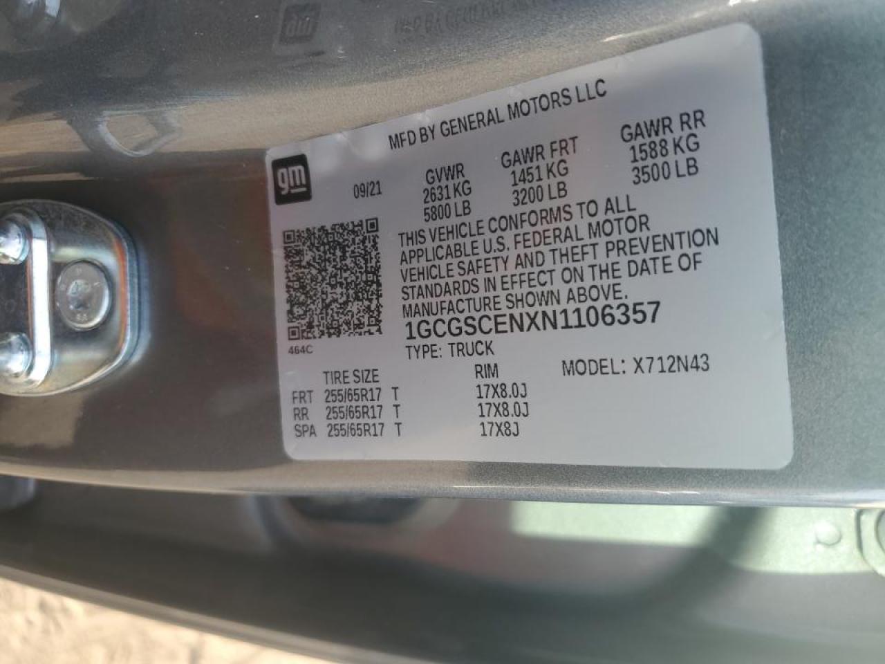 2022 CHEVROLET COLORADO LT VIN:1GCGSCENXN1106357