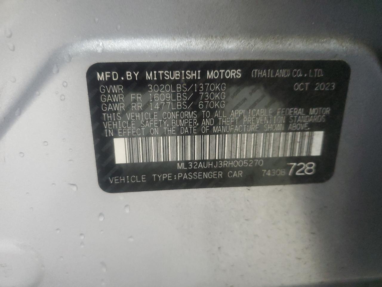 2024 MITSUBISHI MIRAGE ES VIN:ML32AUHJ3RH005270