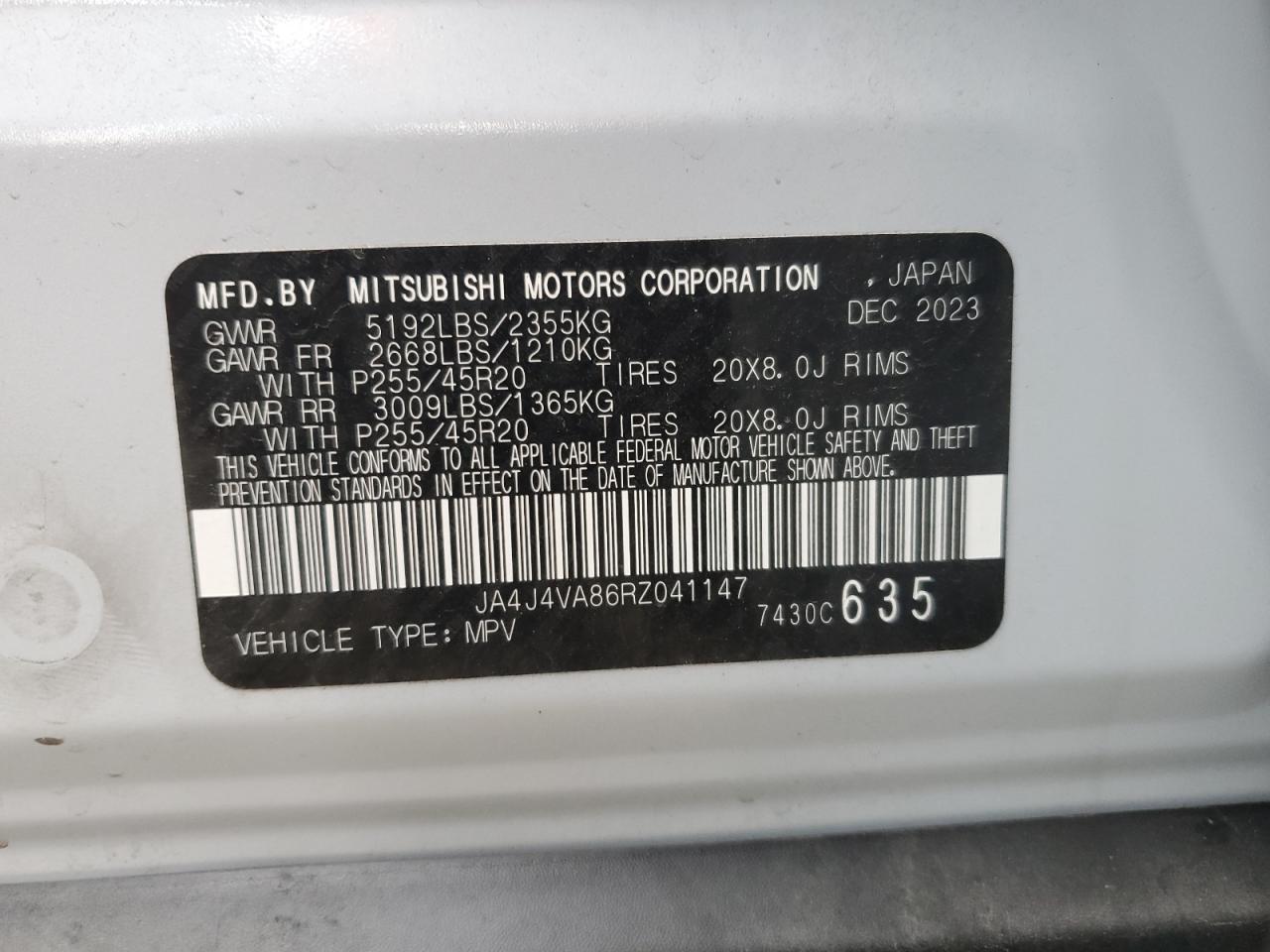 2024 MITSUBISHI OUTLANDER SE VIN:JA4J4VA86RZ041147