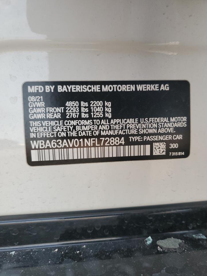 2022 BMW 430I GRAN COUPE VIN:WBA63AV01NFL72884