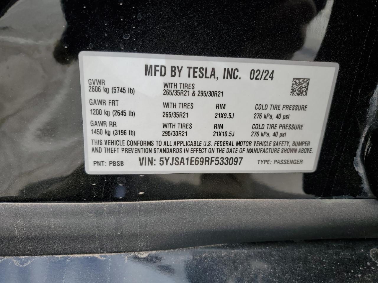 2024 TESLA MODEL S  VIN:5YJSA1E69RF533097