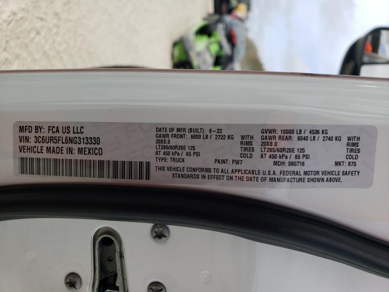 2022 RAM 2500 LARAMIE VIN:3C6UR5FL6NG313330