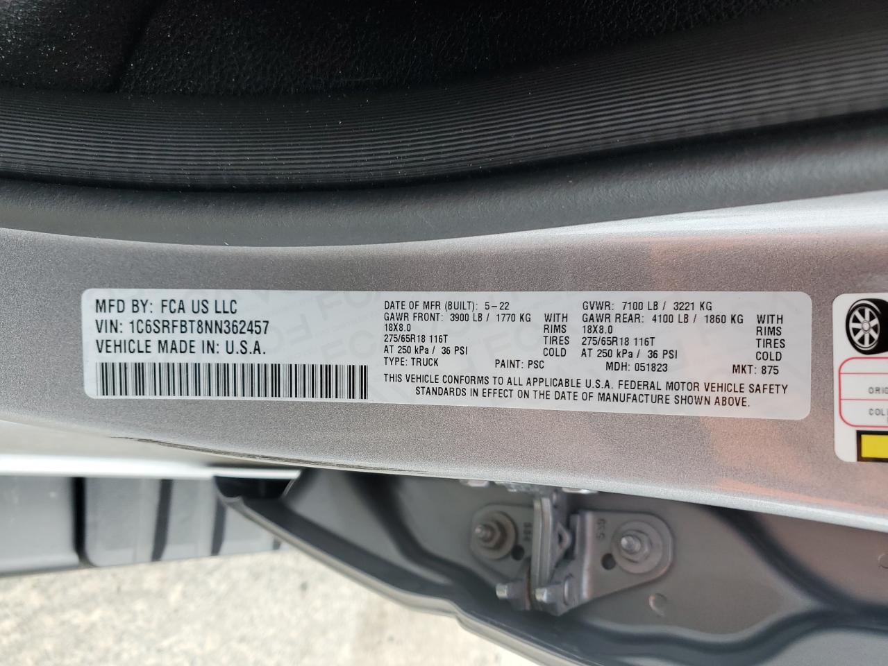 2022 RAM 1500 BIG HORN/LONE STAR VIN:1C6SRFBT8NN362457