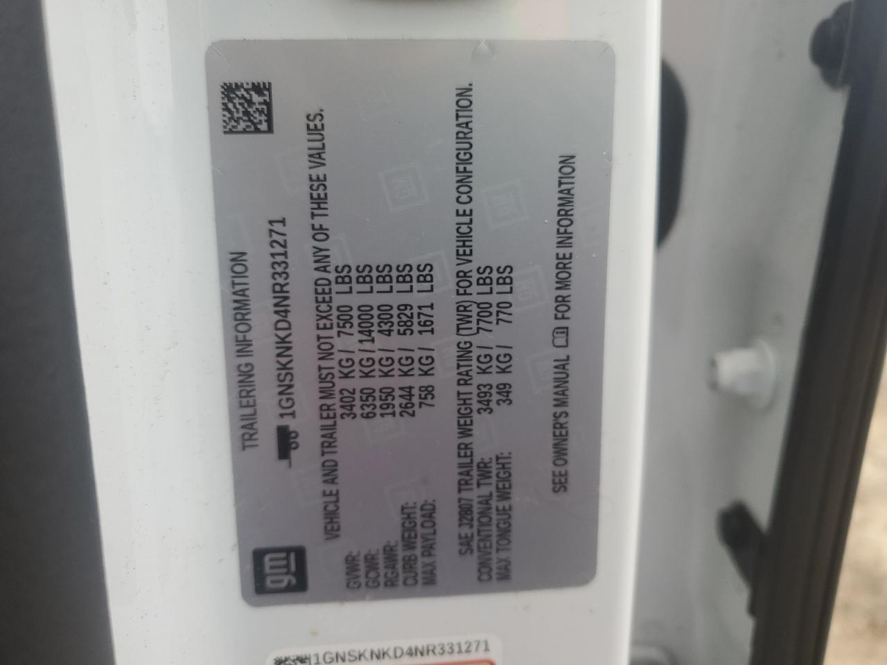 2022 CHEVROLET TAHOE K1500 LT VIN:1GNSKNKD4NR331271