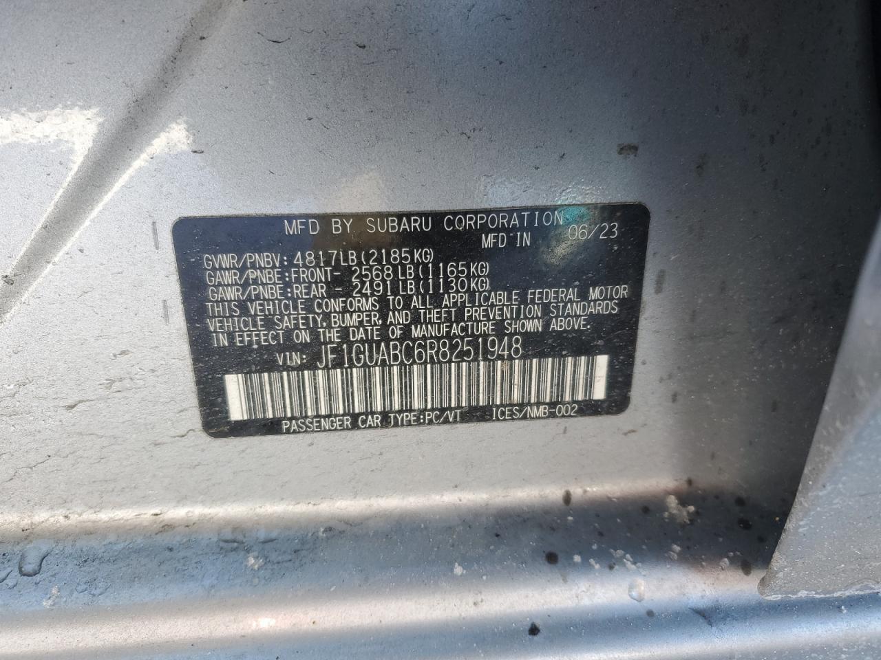 2024 SUBARU IMPREZA  VIN:JF1GUABC6R8251948