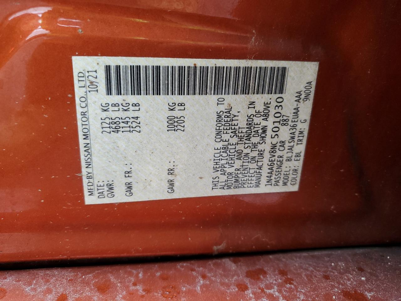 2022 NISSAN MAXIMA SR VIN:1N4AA6EV8NC501030