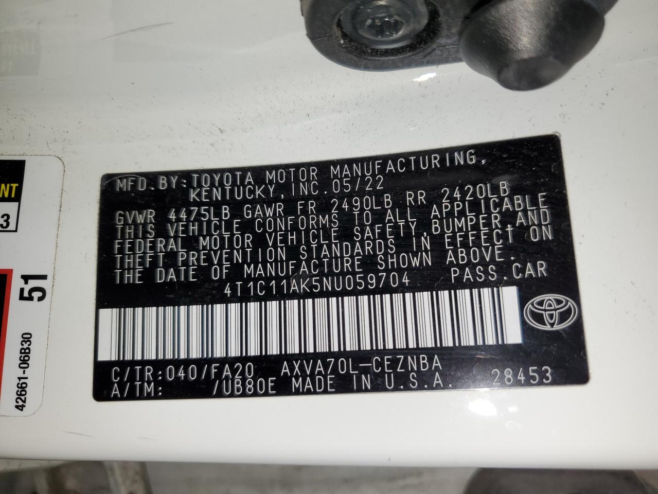 2022 TOYOTA CAMRY LE VIN:4T1C11AK5NU059704