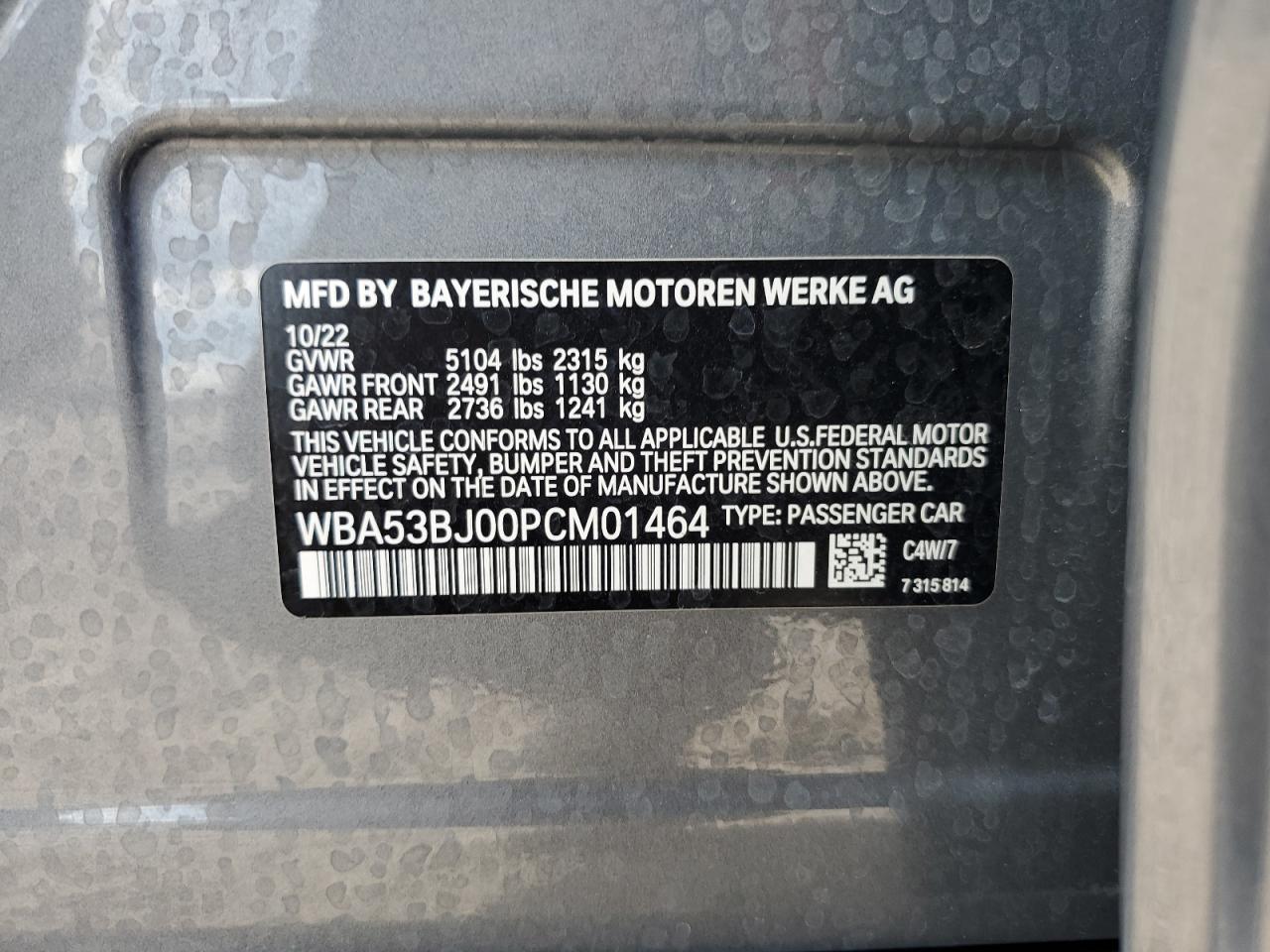 2023 BMW 540 I VIN:WBA53BJ00PCM01464