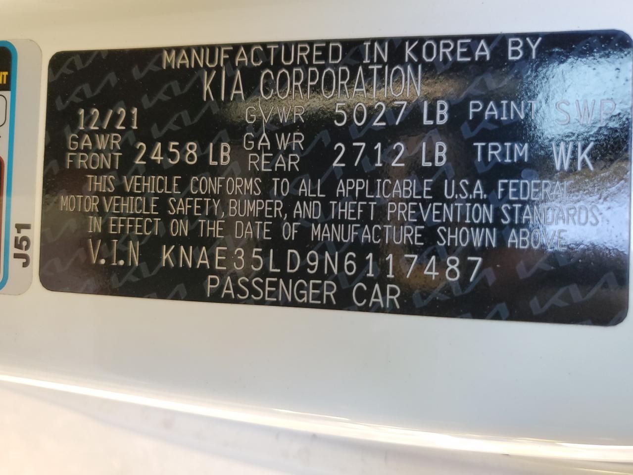 2022 KIA STINGER GT LINE VIN:KNAE35LD9N6117487