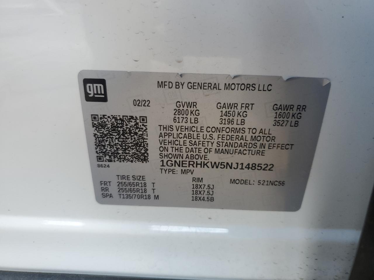 2022 CHEVROLET TRAVERSE LT VIN:1GNERHKW5NJ148522