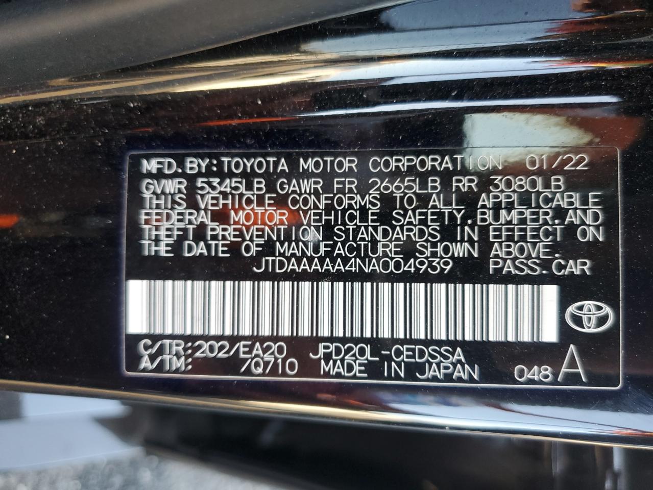 2022 TOYOTA MIRAI LE VIN:JTDAAAAA4NA004939