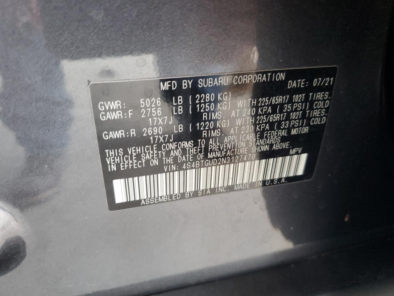 2022 SUBARU OUTBACK WILDERNESS VIN:4S4BTGUD2N3127470